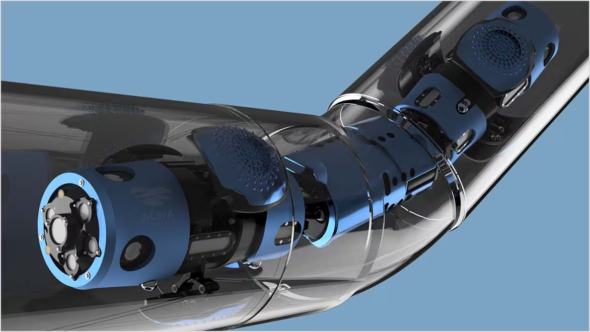 铰接式机器人在水管中弯曲穿行的渲染图。