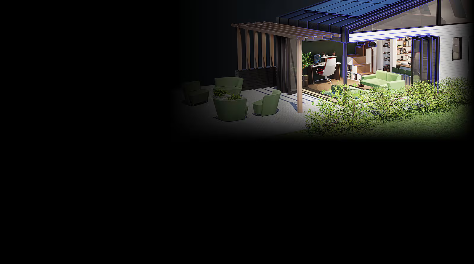 A rendering created in Autodesk AutoCAD shows the inside and outside of tiny home with chairs and green space near the patio.